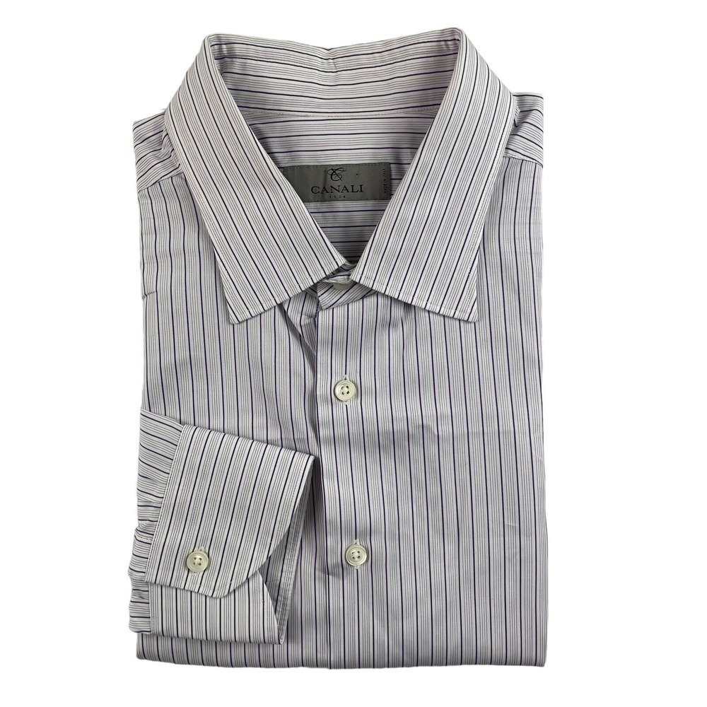 Canali 1934 Mens White Purple Striped LS Button Front Dress Shirt 17.5 44